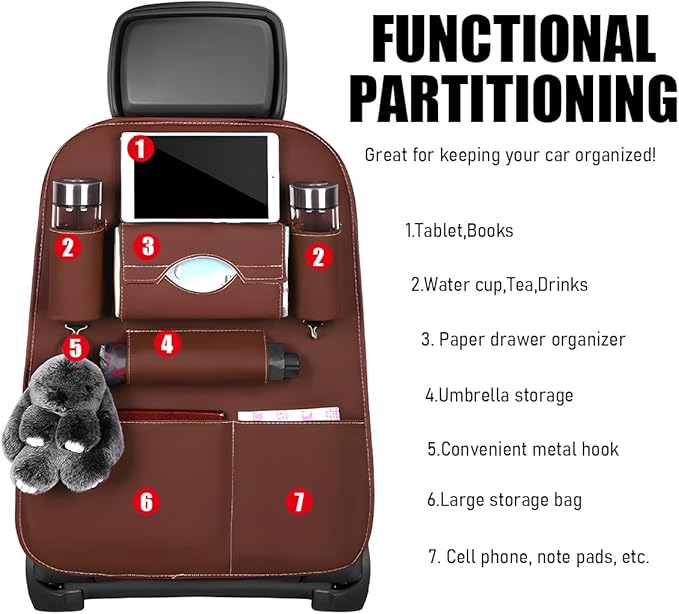 2PCS Car Seatback Organizer, Waterproof Leather Seat Back Storage with Cup Holder Tissue Holder Multiple Pockets, Back Seat Protector Kick Mats for Kids, Travel Accessories (Coffee)