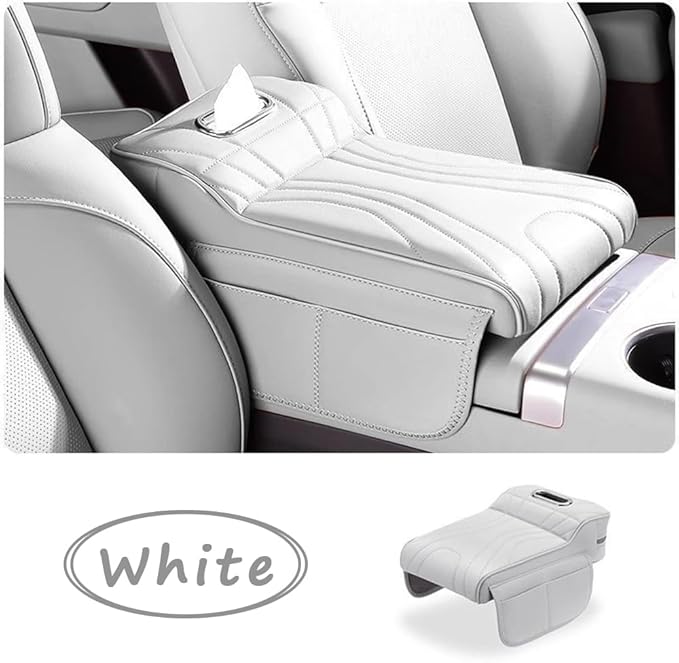 Car Armrest Cushion for Subaru Outback 1994–2025 2026 B16,Memory Foam Center Console Cover with Tissue Box and Cup Holder,Center Console Cover,White