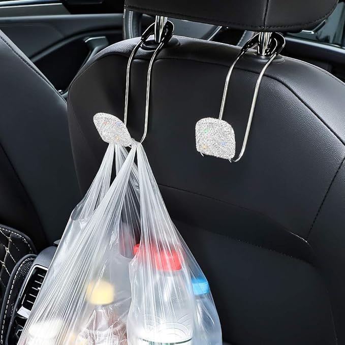 SAVORI Car Headrest Hooks Bling Car Accessories Rhinestones Universal Auto Back Seat Headrest Metal Hanger Organizer Vehicle Holder for Bag Purse Clothes Grocery 2PCS (White)