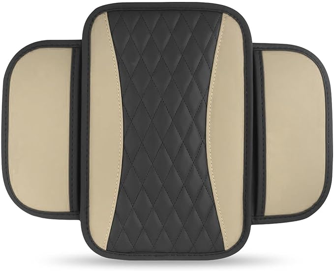 Car Center Console Cover, Upgraded Patchwork Leather Arm Rest Cover with Side Storage Pockets, Comfortable Auto Armrest Protector Cushion, Universal Middle Console Pad for SUV, Sedan (Beige)