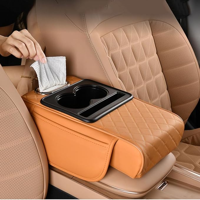 Car Center Console Armrest Pad for Nissan Kicks 2018–2025 2026 P16,Pu Leather Heightening Cushion with Cup Holder and Tissue Box,Multifunctional Organizer Accessories,Brown