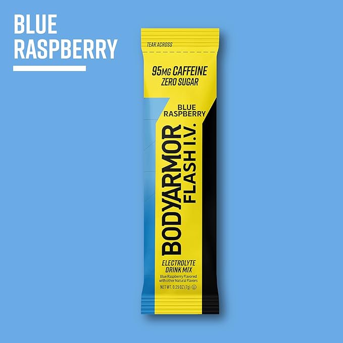 BODYARMOR Caffeinated Flash I.V. Electrolyte Packets Blue Raspberry - Zero Sugar Energy Drink Mix, Serve Packs, Hydration for Pre Workout, Travel Essentials, Active Lifestyle, 6 Count (Pack of 2)