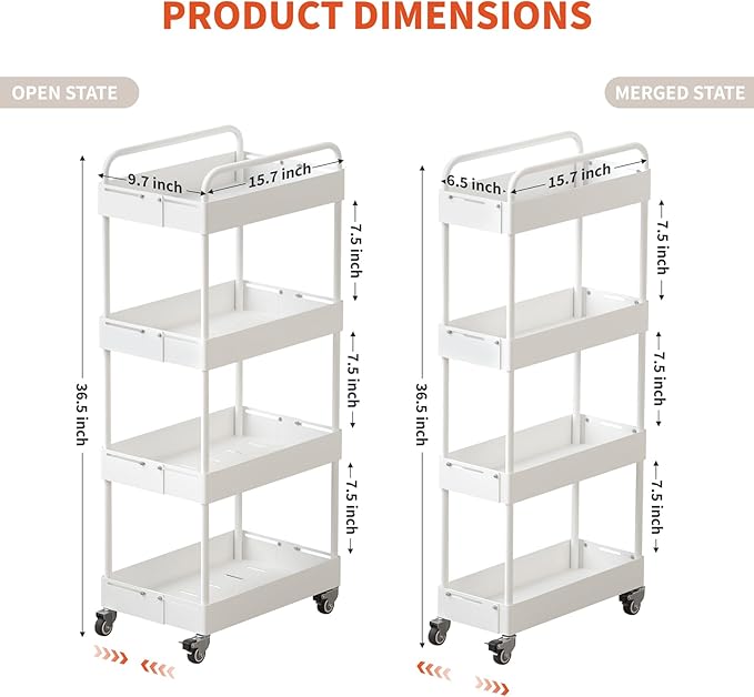 HOTEAGLE 4-Tier Rolling Cart Metal Expandable Utility Carts with Wheels, Ideal Storage Organizer for Livingroom, Bedroom, Kitchen and Bathroom, White