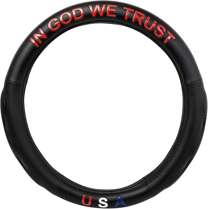 GG Grand General 54074 18 inches Deluxe Plus Steering Wheel Cover in God We Trust/USA in Red Font