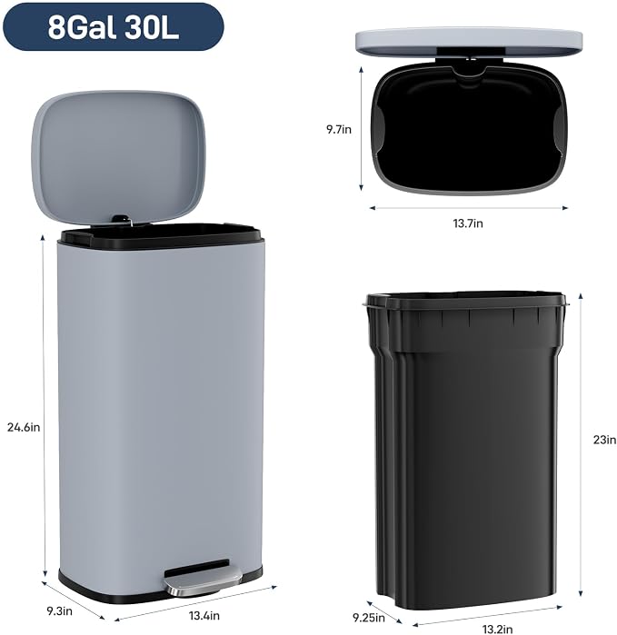 Arlopu 8/13.2 Gallon Step Trash Can, Stainless Steel Garbage Bin, Soft-Close Rubbish Bin with Removable Plastic Inner Bucket, Fingerprint-Proof, Lid Dustbin, Suit for Kitchen Home (Haze Blue, 30L)
