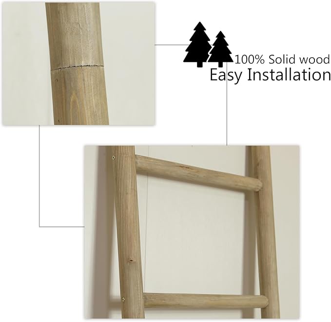 Wooden Blanket Ladder - 76in Natural & Motley Wood - Leaning Wall Decor for Bedroom, Bathroom, Living Room - Rustic Quilt Holder & Towel Rack (Brown, 76in | Pre Assembled)
