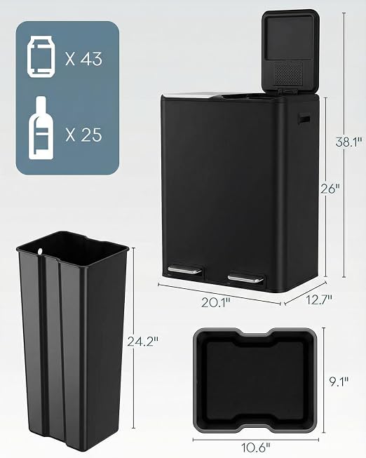 ComfyCorner 16 Gal (2 x 30 L) Dual Trash Can, Stainless Steel Kitchen Garbage Bin, Recycle Dustbin with Odor Control Box, Soft-Close Lid, Inner Buckets, Side Handle, Step Pedal, for Home Office