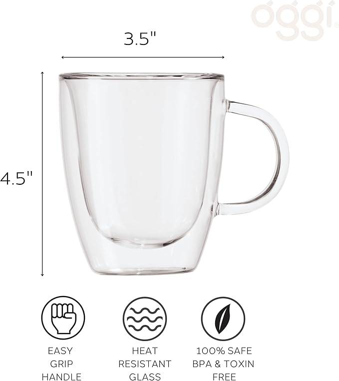 Oggi Set of 2 Double Walled Insulated 12-Ounce Borosilicate Glass Bistro Mugs