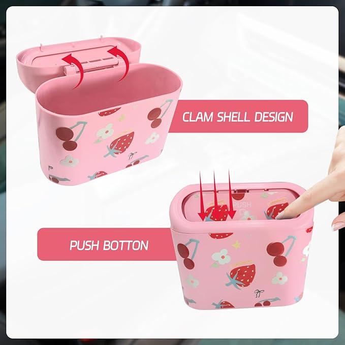 Mini Car Trash Can with Lid – Cute Strawberry Pink Trash Can for Women with 5 Bags, Girly Automotive Organizer for Front and Back Seat, Car Accessories for Teen Girls, SUV, Truck, Sedan