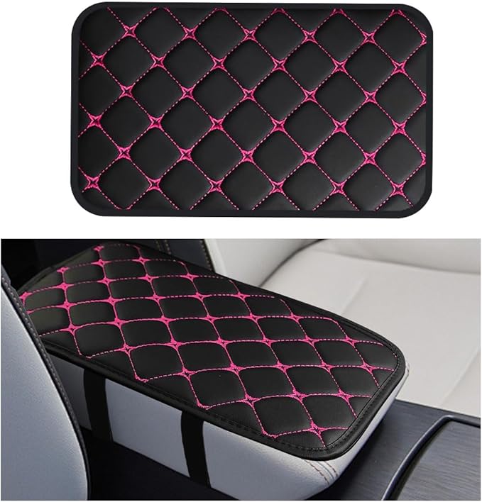Car Center Console Cushion Pad, Comfortable PU Leather Vehicle Armrest Seat Box Cover, Waterproof Automotive Interior Arm Rest Protector Accessories, Universal Fit (Black/Rose Red)