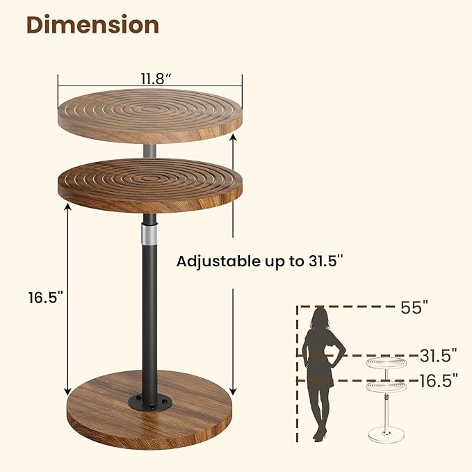 Round Side Table Set of 2, Adjustable-Height Small Drink Table, Pedestal Martini Stand, Weighted Base Cocktail Table Accent Nightstand for Living Room, Bedroom, Bathroom, Office, Walnut