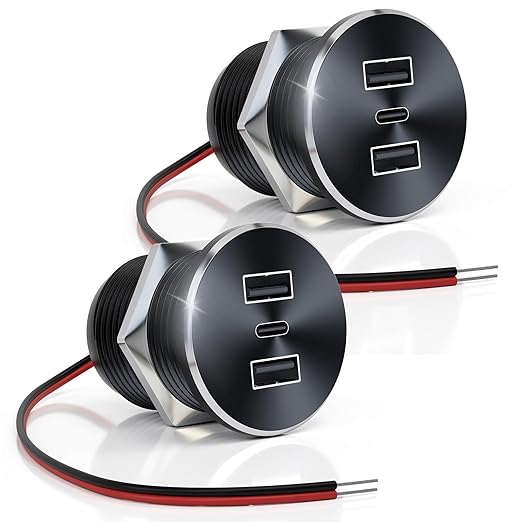 2PCS 72W RV USB Outlet All-Aluminum 12V/24V 3 Charging Ports, GIBBAB 36W PD3.0 Type-C+2 18W QC3.0 Fast Charging Socket, Recessed Mount Car Charger Cigarette Lighter Replacement for Camper Trailer Boat
