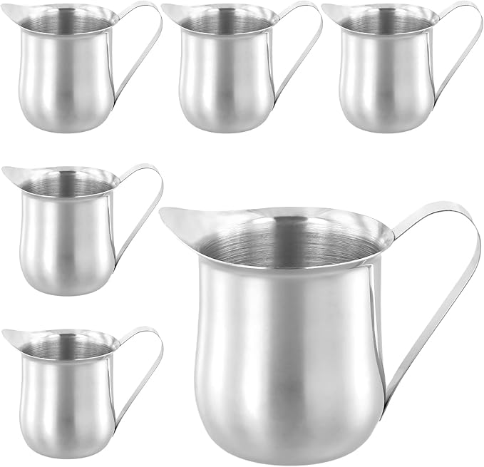 KEILEOHO 6 PCS 5oz Stainless Steel Bell Creamers, Small Creamer Pitcher, Coffee Creamer with Wide Mouth for Cream, Sauce, Milk, Coffee, Silver