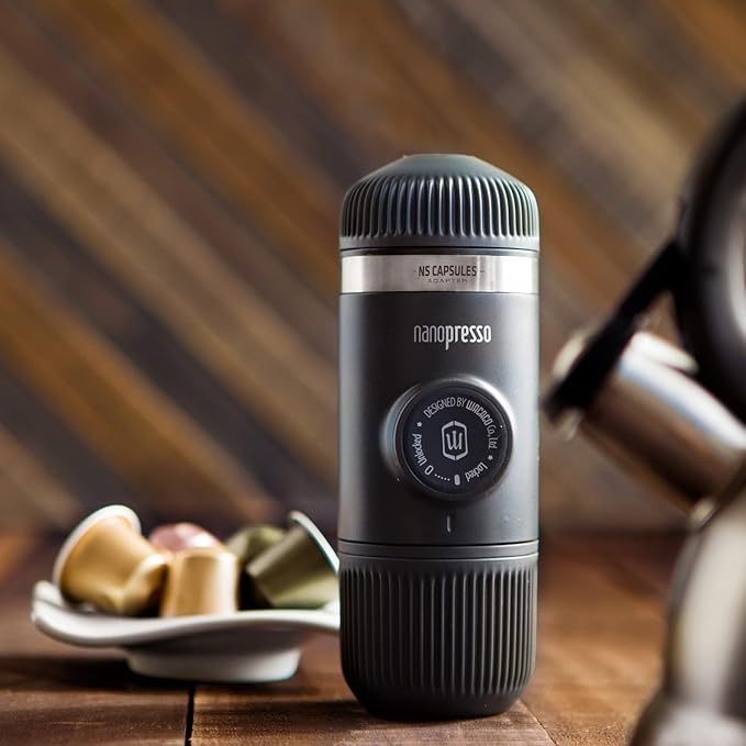 WACACO Nanopresso Portable Espresso Maker Bundled with NS Adapter, Compatible with NS Capsules and Ground Coffee, Compact Size 2.44"x2.8"x6.65", Manually Travel Coffee Machine Set, Perfect for Camping