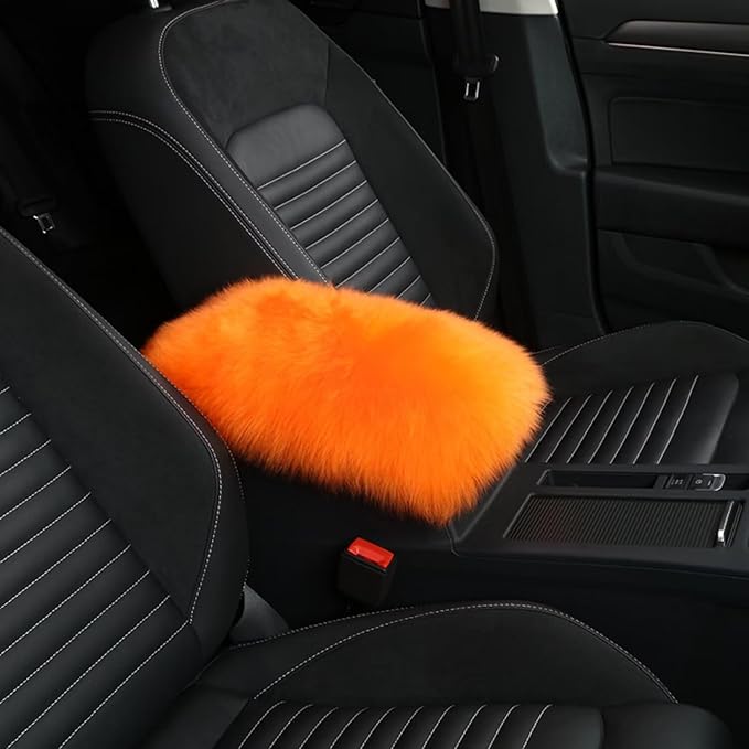Wool Car Center Console Cover,Universal Fluffy Sheepskin Car Armrest Pad,Car Interior Accessory for Women Men,Armrest Cover Protector for Cars,Vehicles,SUV Orange