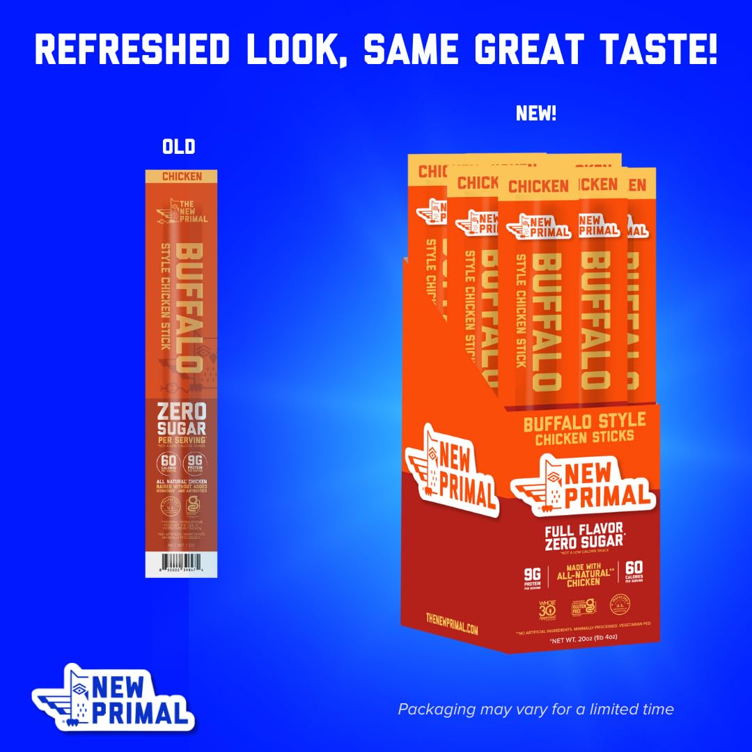 New Primal Buffalo Chicken Sticks, Keto, Gluten Free Healthy Snacks, Sugar Free Low Carb High Protein, Jerky Meat Stick, 9g Protein, 5 Pack