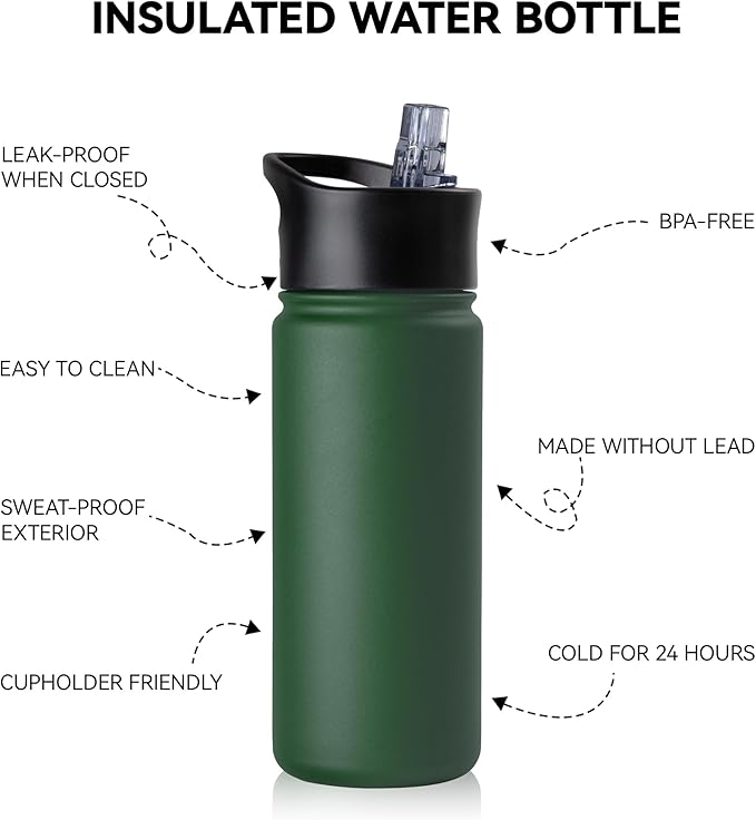 16 oz Insulated Water Bottle Bulk 4 Pack, Straw & Spout Lid, Keep Cold 24H, Spill Proof, BPA-Free, Double Wall, Stainless Steel Kids Water Bottles for School, Sports, Dark Green