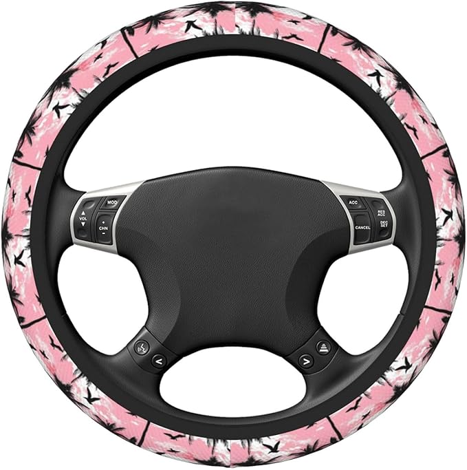 Black Palm Trees Birds Steering Wheel Cover for Women Men Girls, Car Accessories Decor Thickened Anti-Slip Auto Steering Wheel Covers Protector Universal Fit 15 Inch for Cars, Truck, SUV