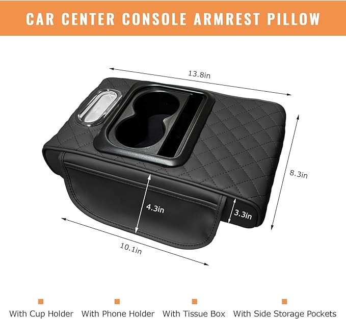 Car Center Console Armrest Pillow, 5-in-1 Armrest Cushion w/ 2 Side Bags, Tissue Box Slot, Cup & Phone Holder, Multifunctional Leather Arm Rest Cover Storage Organizer (Black, Embroidered)