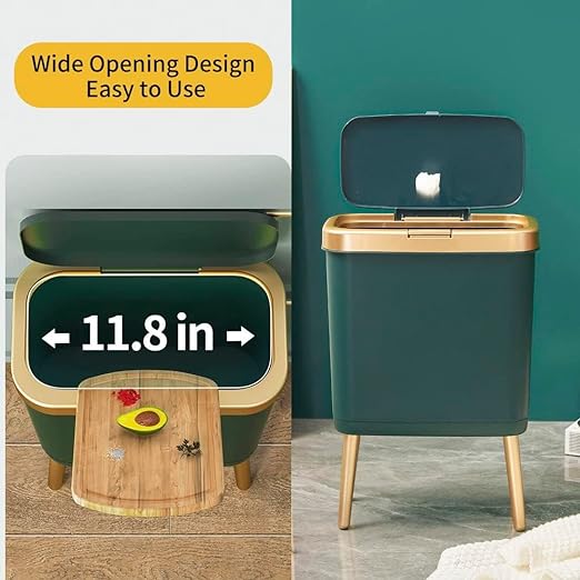 Procade Trash Can with Lid,Small Bathroom Garbage Can with Lid, Plastic Trash Can with Push Button,Narrow Waste Basket for Bedroom,Living Room, Toilet,Office,Kitchen,4 Gal-Gold Edge