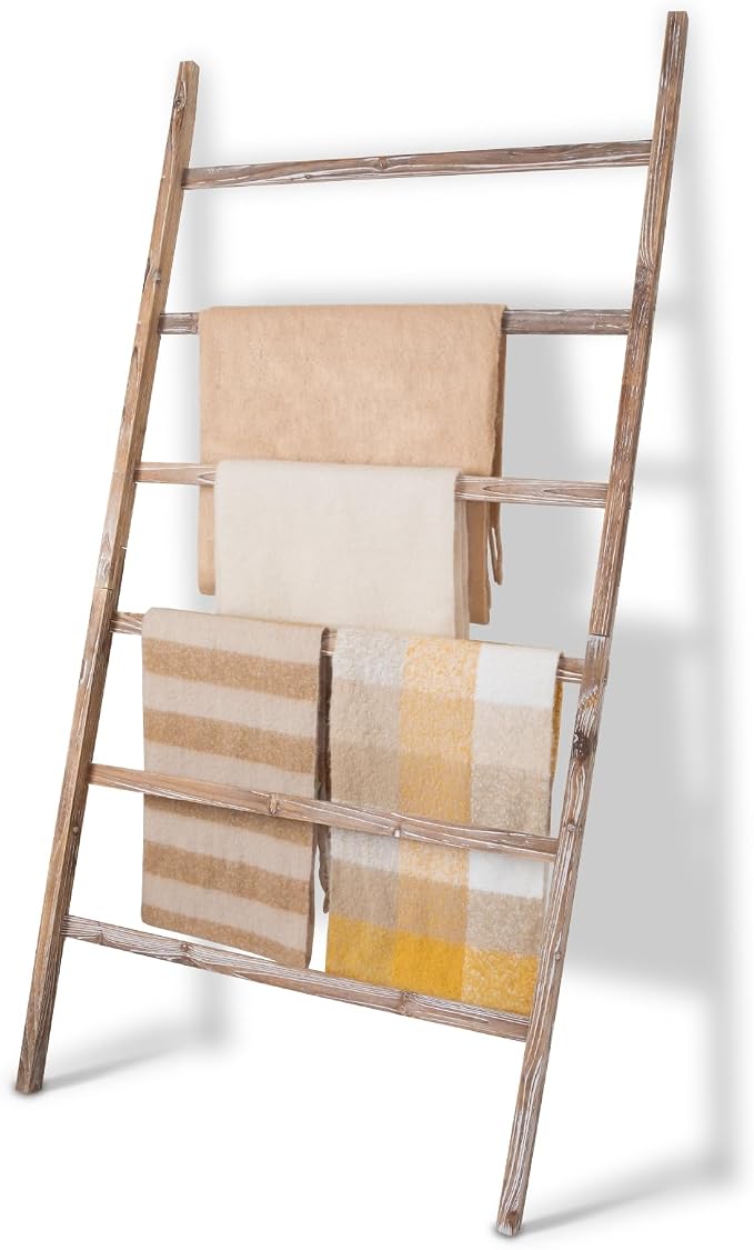 SwaaVee Quilt Ladder 6-Tier Towel Rack, Wooden Decorative Blanket Ladder Shelf for Home Decor, Wall Leaning Farmhouse Quilt Display Towel Holder Organizer for Living Room, Bathroom (38" Wide)