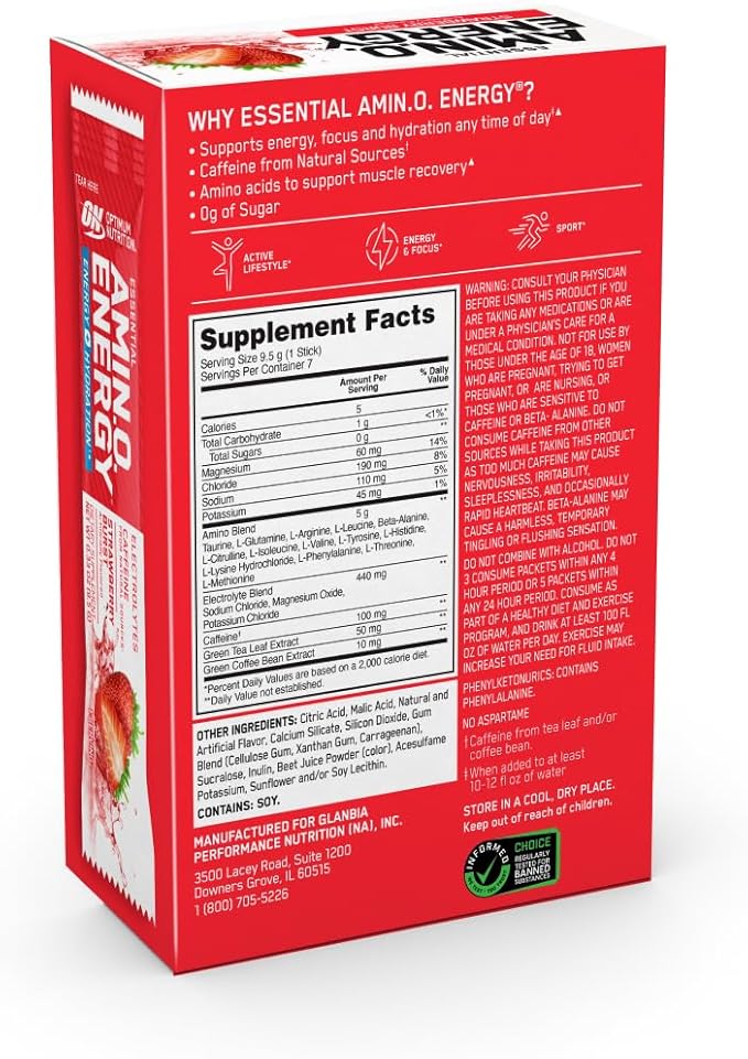 Optimum Nutrition Essential Amino Energy Plus Electrolytes Stick Packs, Energy Powder, Strawberry Burst, 7 Count