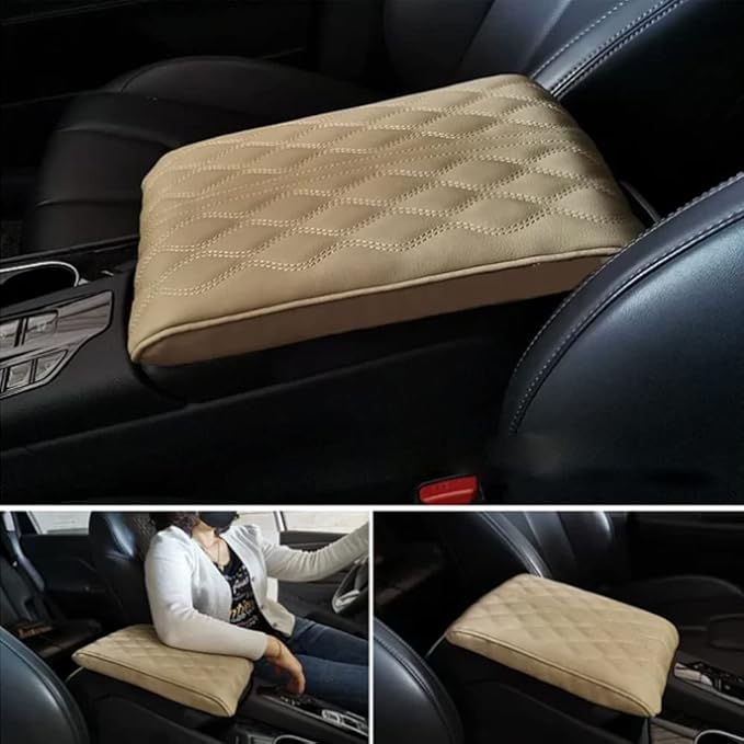 AIIONP Leather Car Armrest Box Pad, Universal Car Center Console Cover Pad, PU Leather Car Armrest Seat Box Cover Protector, Center Console Armrest Pad for SUV, Truck, Car (Beige, Angle Pattern)