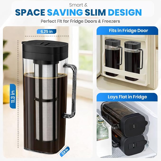 SlimFit 64oz Cold Brew Coffee Maker, Leakproof and fits for fridge door, Ergonomic Handle - BPA-Free Plastic with filter, Large 2L capacity, Black (1), Iced Tea Pitcher, Fruit Infused Filter Pitcher