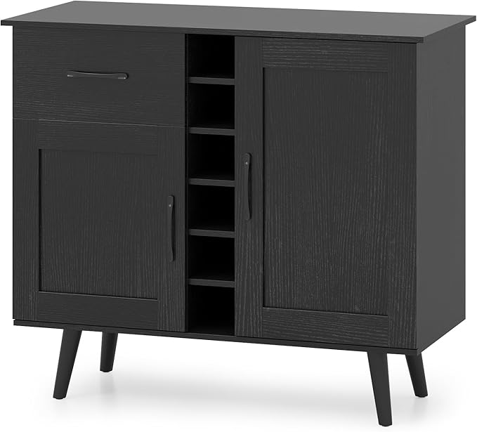 Buffet Cabinet with Storage, Liquor Cabinet w/ 6-Bottle Wine Rack, 1 Drawer & 2 Doors, Wood Buffets & Sideboards, Farmhouse Coffee Bar Table for Kitchen, Dining Living Room, Entryway (Black)