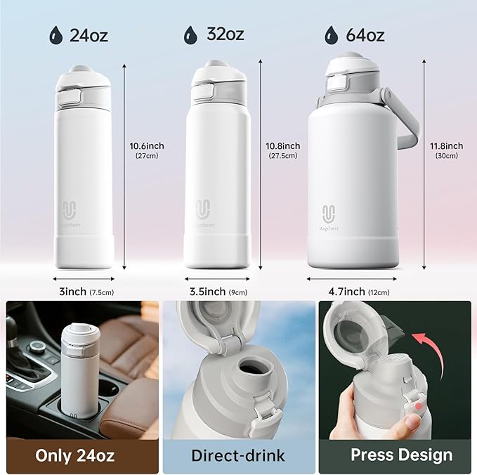 Insulated Magnetic Water Bottle - Reusable Stainless Steel Bottle with MagSafe Compatible Phone Holder - Keeps Cold for 24 Hours - Perfect for Gym, Sports, and Travel - Black 32oz