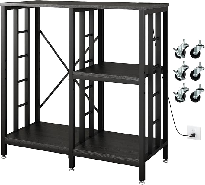 Adjustable Kitchen Bakers Rack with Power Outlet,4-Tier Microwave Stand Kitchen Cart,Mini Fridge Stand with Storage,Bar Cabinet,Suitable for Office,Coffee Bar,Living Room,Patio, Black