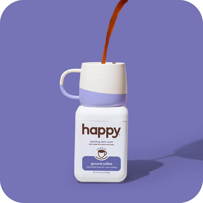 happy coffee dark roast ground coffee, 12 oz 2 pack., notes of cocoa & cheer, recyclable container, grown & harvested in Brazil, Rwanda & Colombia
