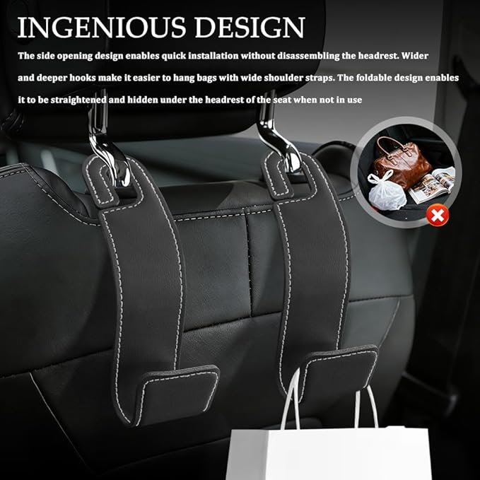 1PCS Purse Holder for Car, Purse Hook for Car, Leather Headrest Hooks for Automotive Back Seat, Auto Accessories Back Seat Organizer Hook for Grocery Bag Handbag Coat (Black, 1PCS)