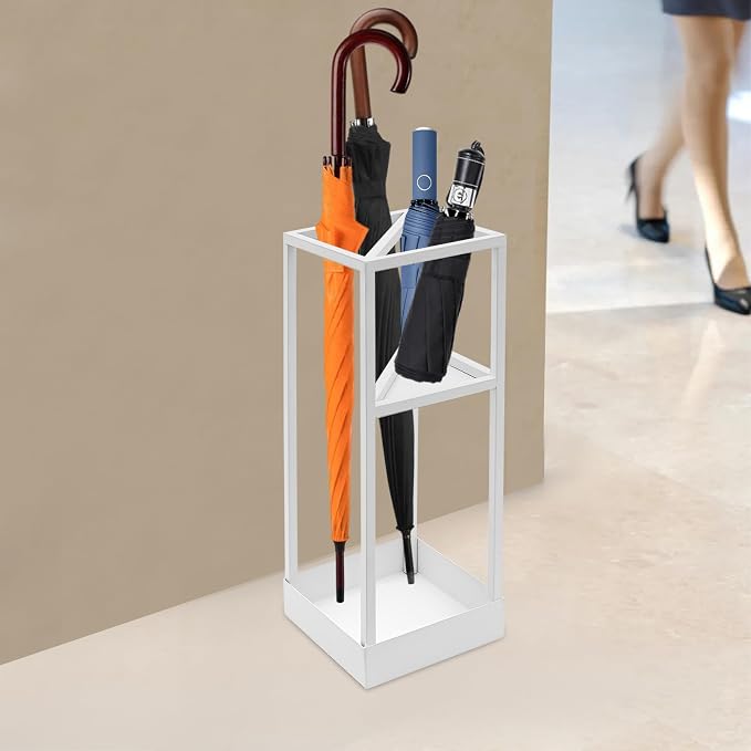 Umbrella Rack for Entryway, Modern Metal 20.87in Tall Freestanding Umbrella Holder with Built-in Shelf, Compact Storage for Long&Short Stick Rain Umbrellas and Walking Canes (White)