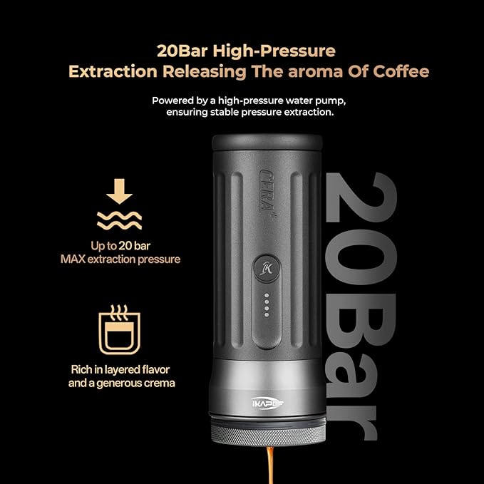 IKAPE Portable Coffee Maker, Electric Espresso Machine, Bl uetooth APP Connect & 58mm Bottomless Basket, Electric Coffee Maker 20 Bar Pressure, for Home, Travel, Camping