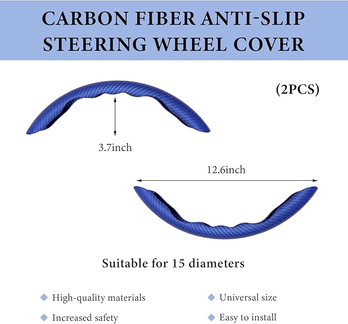 2 PCS Car Steering Wheel Cover, Anti-Skid Carbon Fiber Segmented Steering Wheel Protector, Anti-Slip Wheel Wrap Protective Cover for Most Cars Trucks SUVs, Car Accessories (Blue)