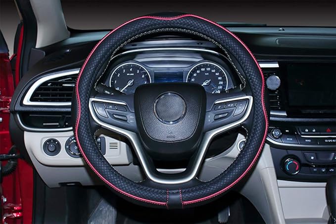 Mayco Bell Universal Standard Size Steering Wheel Cover Anti-Slip,Safety,Soft,Breathable,Durable,Full Surround,Comfortable Grip Microfiber Leather (14.5-15 inch,Black Red)