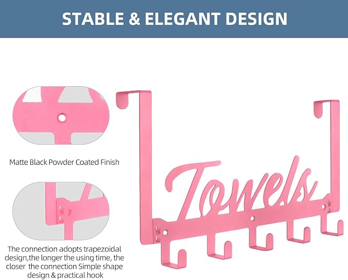 Azmoncy Over The Door Hooks, Towel Rack for Bathroom Towel Holder for Hanging Heavy Duty, Over Door Hanger with 5 Coat Hooks for Bedroom Bathroom Kitchen Towels, Pink