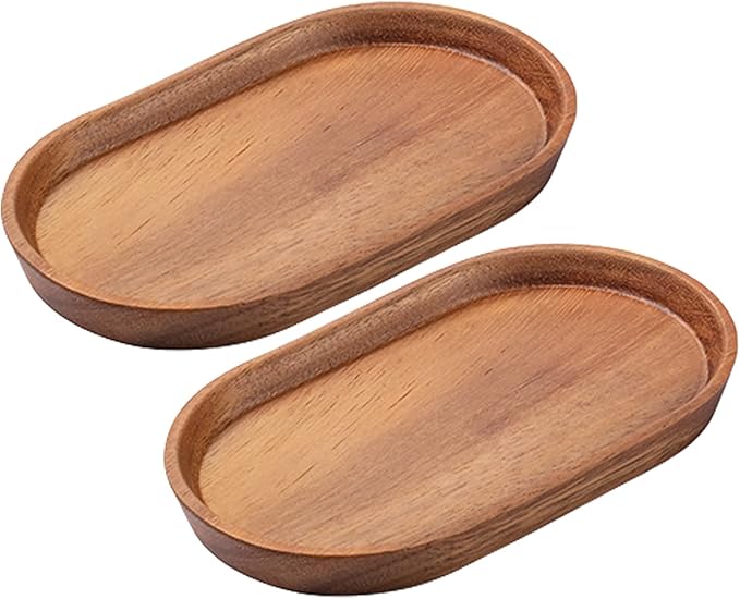 Mini Serving Trays for Parties, Small Decorative Tray for Tea＆Coffee, Oval Wooden Plates for Serving Food for Appetizer＆Vegetables for Bathroom 7.8"×4.6" (Acacia, Set of 2)