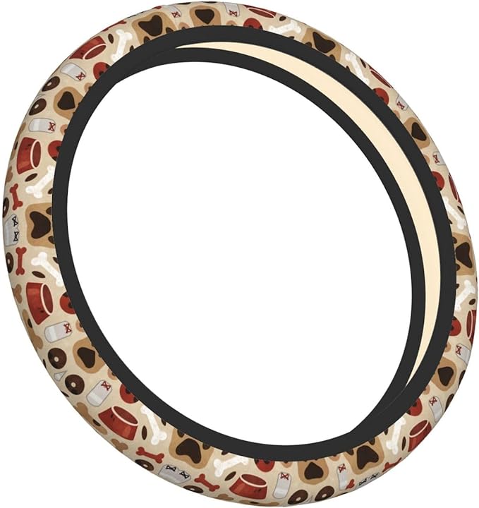 Dogs-Paws Prints Bones Car Steering Wheel Cover, 15 Inch Steering Wheel Cover Stylish Decor for Most Cars