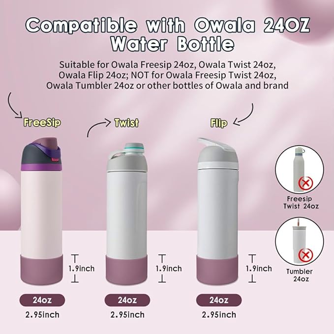 2PCS Silicone Water Bottle Boot, Compatible with Owala 24oz 32oz 40oz, Protective Anti-Scratch & Anti-Dent No Noise Sleeve Cover for FreeSip/Twist/Flip Water Bottles (Mauve, 24oz)