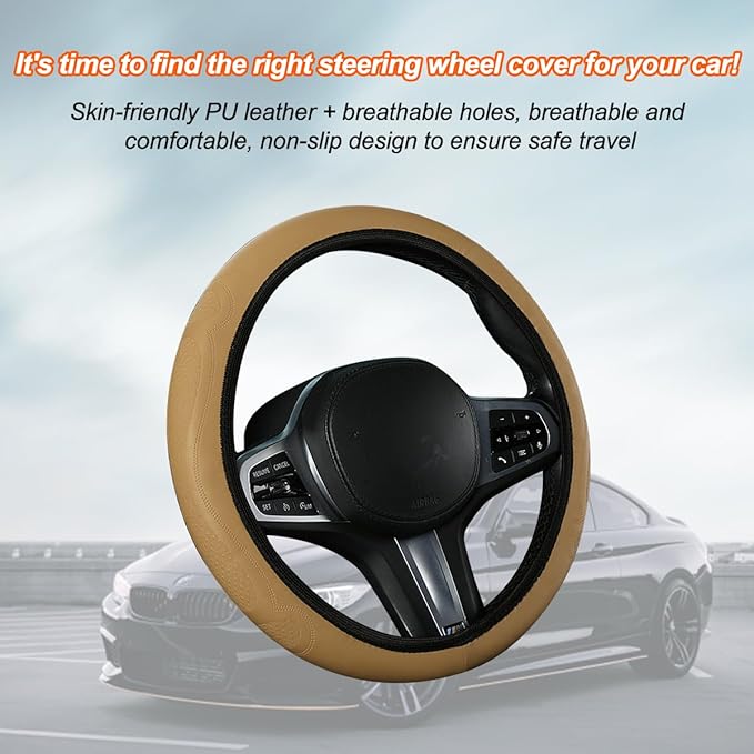 Car Steering Wheel Cover, 15 Inch Leather Soft Elastic Stretch Anti Slip Auto Steering Wheel Wrap Guard, Breathable Vehicle Interior Accessories, Universal for SUV RV Truck (Beige)