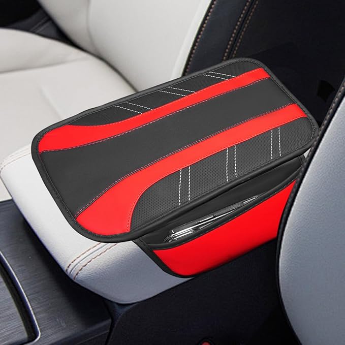 Car Center Console Cover, Soft Leather Sporty Armrest Protector Cushion with 2 Storage Pockets, Comfortable Auto Interior Middle Console Arm Rest Box Pad, Universal for Vehicles (Red)