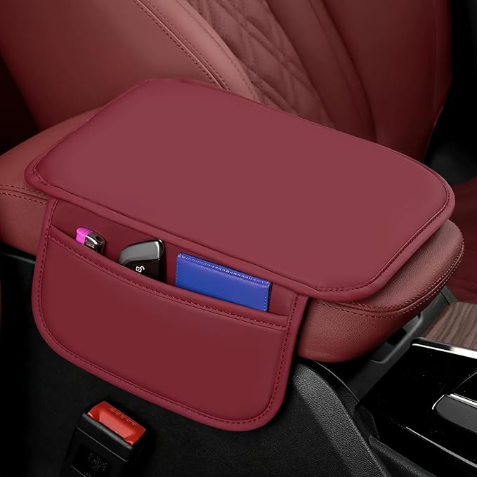 wuyaoyao Car Center Console Cover, Leather Memory Foam Armrest Cover Cushion with 2 Storage Bags, Universal Car Armrest Seat Box Pad Car Interior Accessories Protector for Most Vehicle (Wine Red)