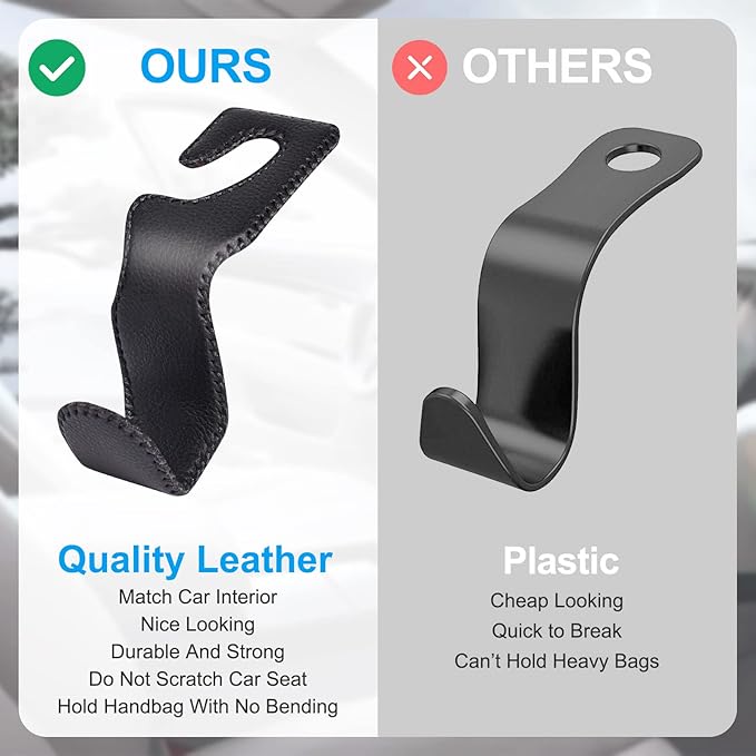 Seat Hooks for Purses and Bags, 4 Pack Car Purse Holder for Grocery Bag Handbag Clothes, Metal Headrest Hooks Covered by Leather, Black