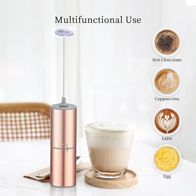 Battery Operated Coffee Frother by ELMWAY, Stainless Steel Electric Whisk, Mini Milk Frother Handled for Coffee, Latte, Matcha and Protein Powder (Rose Gold without Stand)