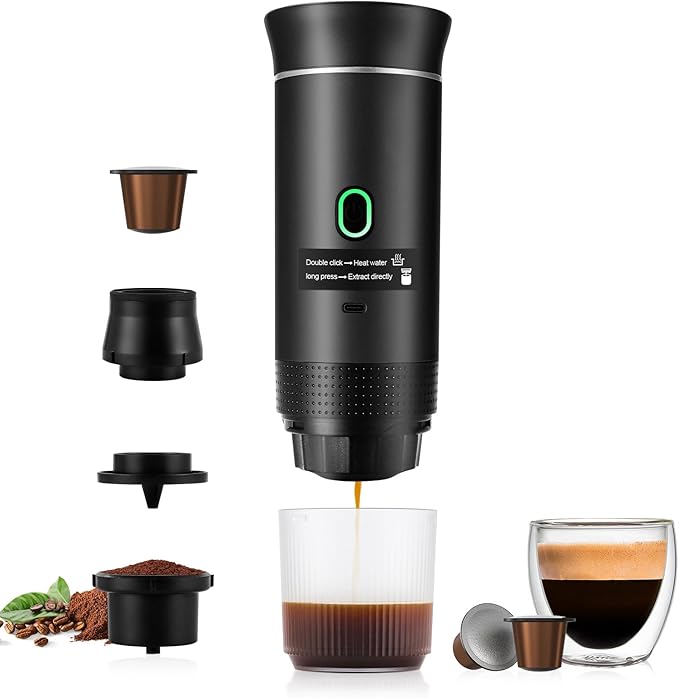3 In 1 Portable Coffee Maker for Travel, 20 Bar Portable Espresso Machine with USB,Travel Coffee Maker Self-Heating, Compatible with Ground Coffee & Capsule for Hiking,Office,RV（Black）