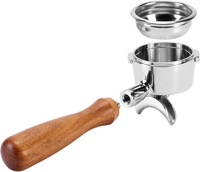 DIBTSA 58mm Portafilter Compatible with Gaggia, Double Spouts 2 Ears, with 304 Stainless Steel Reusable Filter Basket and Wood Handle, Espresso Machine Replacement Parts