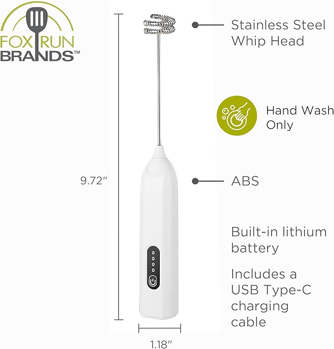 Fox Run Electric Milk and Coffee Frother, 9" Portable and Rechargeable Handheld Mixer with 3 Speed Settings