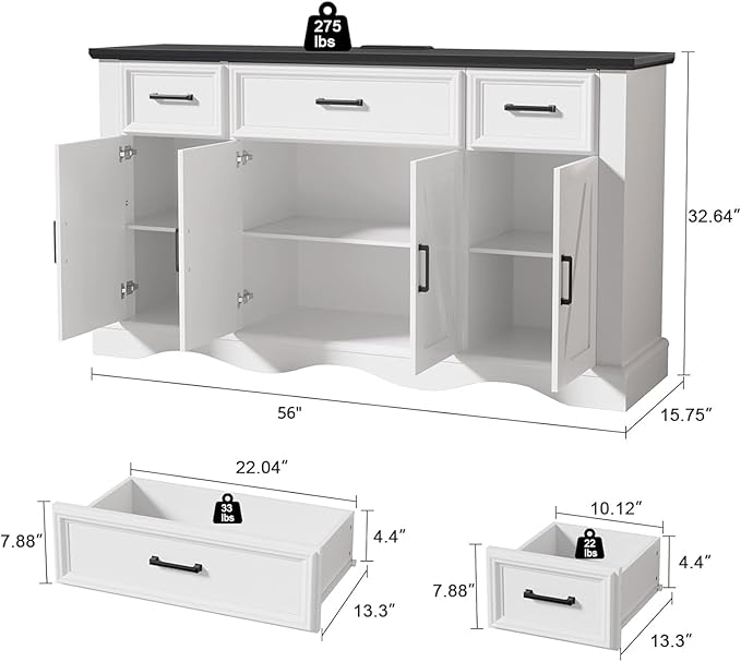 56" Modern Farmhouse Sideboard Buffet Cabinet with 4 Doors and 3 Drawers, Coffee Bar with Charging Station & Adjustable Shelves, Large Kitchen Storage for Hallway, Entryway, Living Room, White